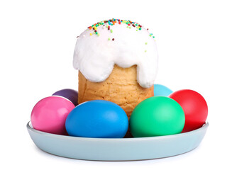 Traditional Easter cake and dyed eggs isolated on white