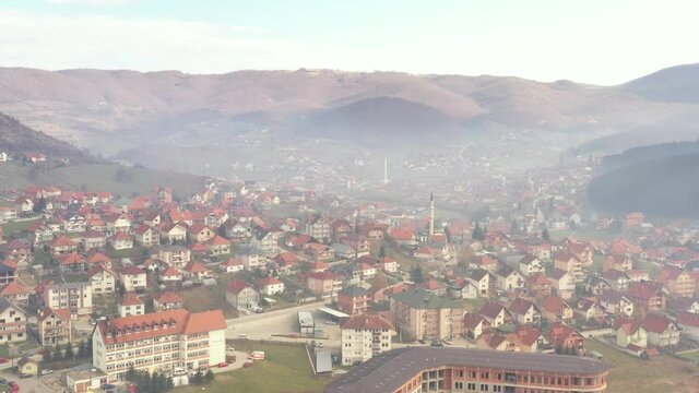 Aerial flyover of the village of Tutin in southwestern Serbia.
