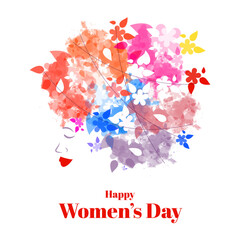 Happy Women's Day Greeting Card With Creative Female Face, Flowers And Watercolor Effect On White Background.