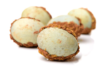preserved duck eggs on white background