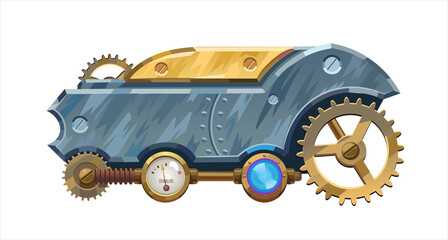 Steampunk iron mechanism. Gears, barometer. Vector isolated illustration.