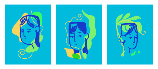 Set of abstract shapes with female faces on a blue background. Bright hand-drawn modern abstract portraits of women. Contemporary vector illustration.