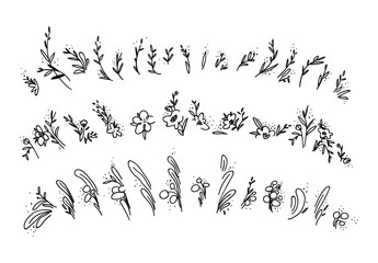 Hand-drawn set of doodles of twigs, flowers, and leaves. Collection of drawn abstract flowers and twigs. Vector illustration of a group of decorative elements on a white background.