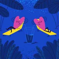 Two pink hearts lie on yellow sun loungers and drink from one glass surrounded by palm trees at night. The heart-shaped characters in love enjoy their vacation together. Vector doodle illustration.