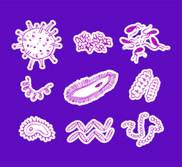 Set of pink doodle microorganisms stickers. Bundle vector hand-drawn microbes and bacteria. Diverse illustrations of microorganisms on a purple background.