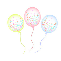 Three balloons, transparent, yellow, pink and blue.