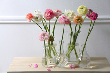 Beautiful ranunculus flowers on wooden table near wall
