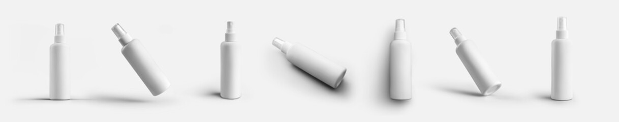 Mockup of a white plastic bottle with an atomizer, a container with a dispenser, isolated on the background.