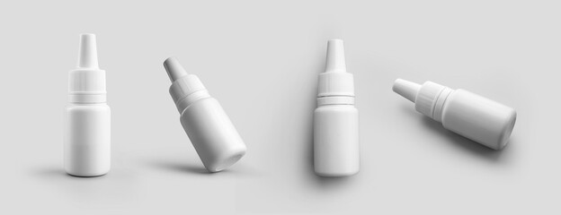 A set of mockups of plastic bottles with pipette for drops, a jar for medicine in the nose, eyes,...