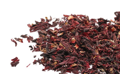 Dried hibiscus flowers pile isolated on white background