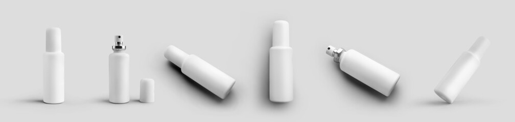 Set of templates of plastic bottles for perfume, antiseptic, jar with atomizer isolated on background.