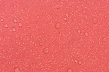 Water drops on red background texture. backdrop glass covered with drops of water.  bubbles in water
