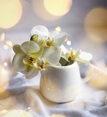 A branch of white orchid in a white jug on a white linen napkin.