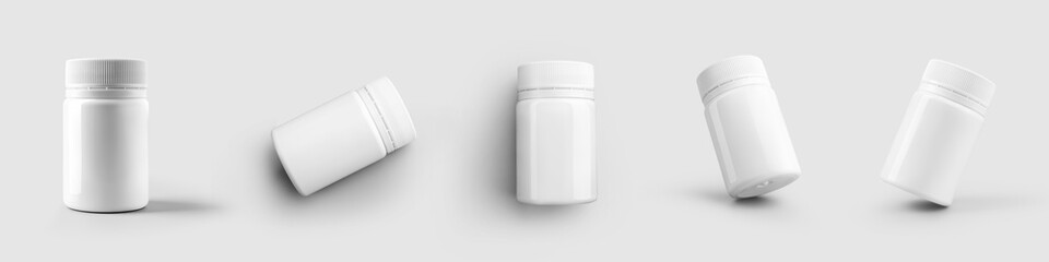 Mockup of a white plastic bottle for vitamin, pills, packaging with a cap, isolated on a background.