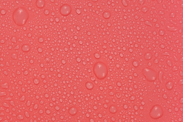Water drops on red background texture. backdrop glass covered with drops of water.  bubbles in water