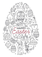 Happy Easter outline set of icons in the hand drawing Doodle style. Vector concept in the shape of an egg with traditional symbols, bunnies and chickens.