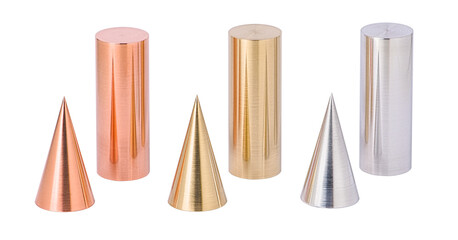 Copper bronze and aluminum sanded cylinders and cones isolated on white background