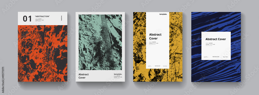 Poster Set of abstract modern grunge posters. Halfrone textures collection Minimal futuristic covers vector design. Textured retro background..