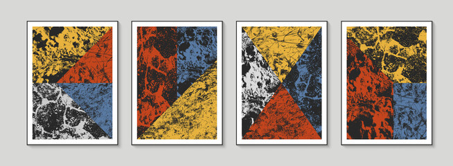 Set of geometric bauhaus retro posters. Collection of grunge color pattern. Modern texture background.