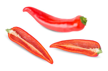 Red chili pepper with slices and seeds on white background.