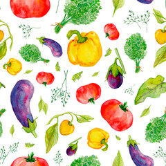 Watercolor vegetables seamless pattern. Tomato, dill, eggplant and  bell pepper . Perfect for printing on the fabric, design package and cover or for poster. Food background