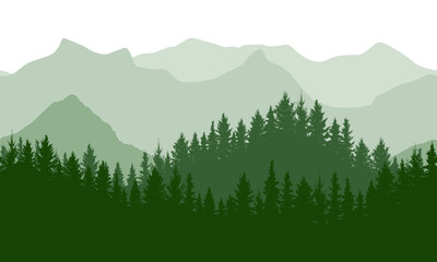 Seamless green wave forest on background of mountains, silhouette. Beautiful landscape.  Vector illustration.