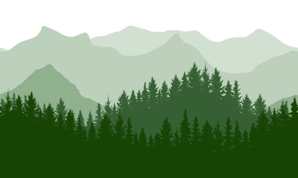 Seamless green wave forest on background of mountains, silhouette. Beautiful landscape. Vector illustration. © nosyrevy