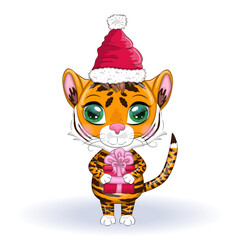 Cute cartoon tiger with beautiful eyes, bright, orange with a gift in a santa hat. Illustrations for Chinese New Year 2022, Year of the Tiger