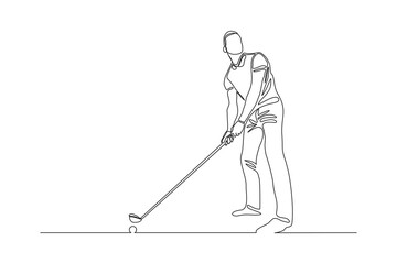 Continuous line drawing of young man playing golf. Single one line art concept of professional golfer holding stick to hit ball. Vector illustration