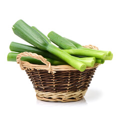 chopped green onions on white background