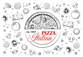 Sketch of Italian pizza and logo