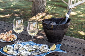Raw oyster dish with lemon with champagne glasses
