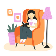 Young woman read a book in a chair. Hand drawn cartoon caucasian female sitting in cozy living room, potted plant, floor lamp. Enjoying home reading concept isolated on white background. Flat vector