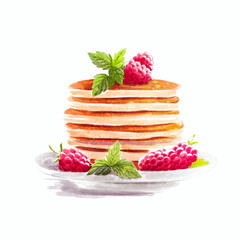 watercolor pancakes with berries isolated on white background