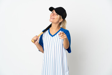 Young Russian woman playing baseball isolated on white background pointing front with happy expression