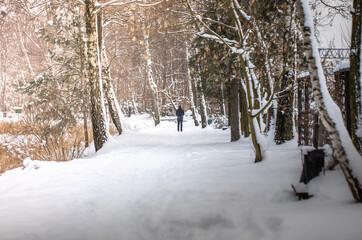 Mężczyzna zimową porą w parku. Spacerowanie w śniegu wśród drzew