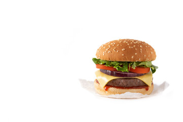 Cheeseburger with beef,tomato, lettuce and onion.Copy space