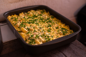 preparation of pasta with vegetables in the pan. healthy vegan food