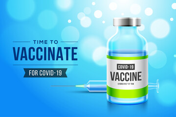 Coronavirus vaccine vector background. Covid-19 corona virus vaccination with realistic 3d vaccine bottle and syringe injection tool for covid19 immunization treatment. Vector illustration.