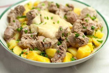 Beshbarmak - traditional hot meat dish of the Turkic-speaking peoples. A dish of Asian cuisine....
