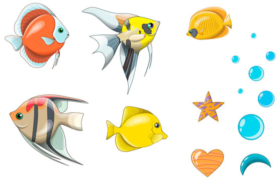 Clipart from vector fish and elements. Yellow tropical fish and bubbles