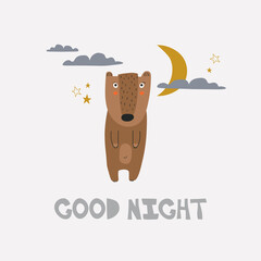 Background with bear, moon, stars and text. Good night - 415779756