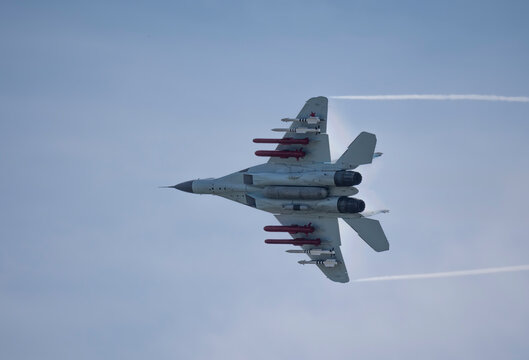 Moscow Russia Zhukovsky Airfield 31 August 2019: aerobatic team swifts MiG-35 perfoming demonstration flight of the international aerospace salon MAKS-2019