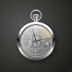 HUD stopwatch bitcoin. Digital currency pocket watch money. Technology bitcoin mining worldwide network concept. Web banner clock bitcoin. Physical bit coin. Cryptocurrency technology gold coins money
