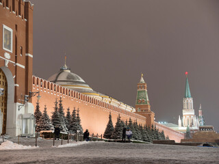 Spasskaya Tower of Moscow Kremlin at Red Square in winter Moscow Russia