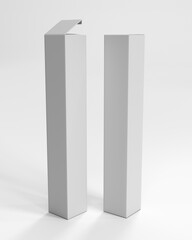 Blank Tall Box Package Template. Isolated White Box Wrapping 3D Mock-up. Open And Closed