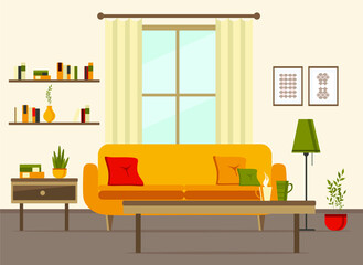 living room interior with furniture, sofa, window, table, shelves with books and home flowers, floor lamp. flat cartoon vector illustration