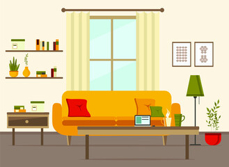living room interior with furniture, sofa, window, table, shelves with books and home flowers, floor lamp. flat cartoon vector illustration
