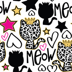 Cute childish seamless pattern with cats. Princess cat pattern. Can be used for textile,  background, book cover, packaging.