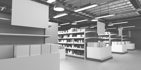 Blank White Banners Hangging in Supermarket, Set of Shelves in Store Interior, View From Perspective, 3D rendering